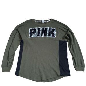 Victoria's Secret Pink Black/Silver Bling Varsity Crew Pullover M